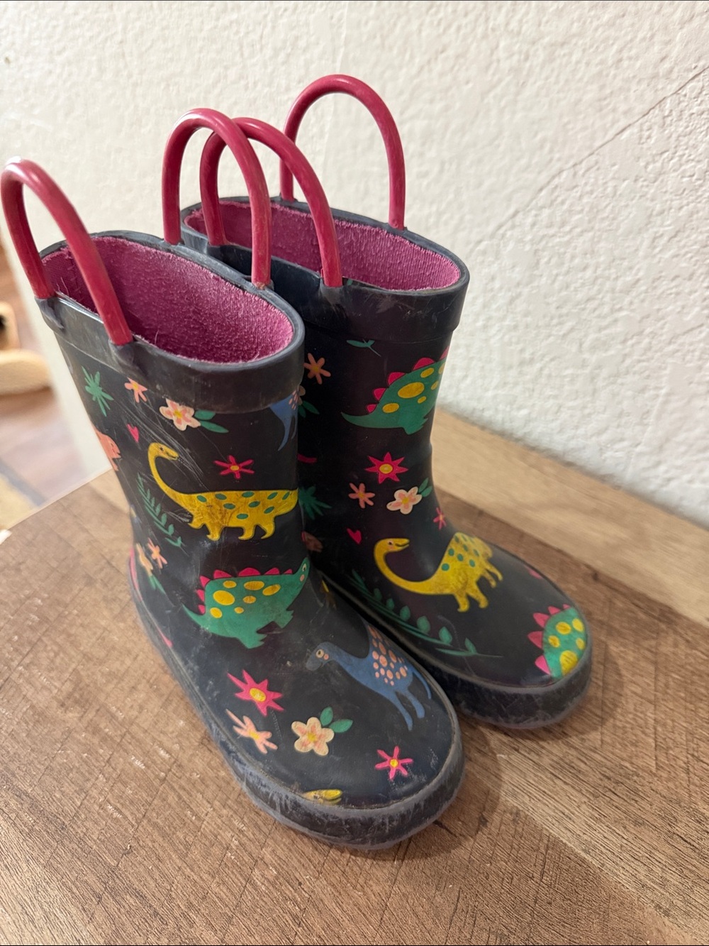 Kids Black Rain Boots with Colorful Dinosaur Print and Pink Trim
